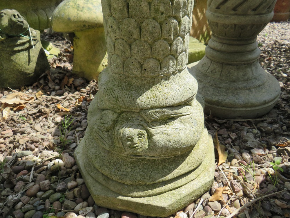 A PAIR OF STONE MASK HEAD URNS ON STANDS, H 78 cm (2) - Image 2 of 3