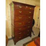 A GEORGE III MAHOGANY TALLBOY WITH TWO SHORT ABOVE A RANGE OF SIX LONGER DRAWERS, RAISED ON