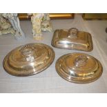 THREE ANTIQUE SILVER PLATE ENTREE DISHES AND COVERS
