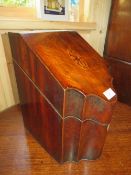 A 19TH CENTURY MAHOGANY AND INLAID KNIFE BOX, THE HINGED LID OPENING TO A FITTED INTERIOR FOR