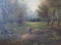 C. WILLIAMS (XX). Children in a woodland setting, signed lower left, oil on canvas, 34 x 74 cm