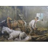 A LARGE CONTEMPORARY OIL ON CANVAS OF AN INTERIOR STABLE SCENE 80 x 105 cm