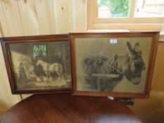 A VICTORIAN OAK FRAMED PRINT OF A DONKEY, TOGETHER WITH AN INTERIOR STABLE SCENE (2)
