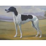 A 20TH CENTURY OIL ON CANVAS DEPICTING A BLACK AND WHITE DOG, 50 x 70 cm