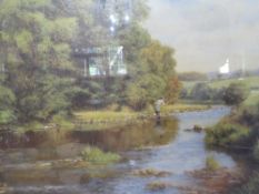 FRANK WRIGHT - A LIMITED EDITION COLOURED PRINT OF A FISHERMAN IN A RIVER, No. 46 / 500, SIGNED IN
