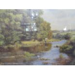 FRANK WRIGHT - A LIMITED EDITION COLOURED PRINT OF A FISHERMAN IN A RIVER, No. 46 / 500, SIGNED IN