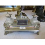 AN ANTIQUE SILVER PLATED INK / DESK STAND WITH CENTRAL SPHINX DETAIL, W 27 cm