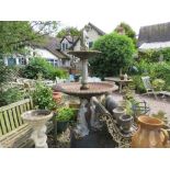 A LARGE AND IMPRESSIVE CAST IRON TWO TIER WATER FOUNTAIN WITH CHERUBIC FISH CAST DETAIL - POSSIBLY