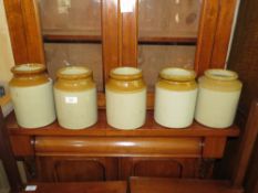 A COLLECTION OF FIVE GLAZED STONEWARE JARS