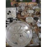 TWO TRAYS OF ASSORTED SILVER PLATED METALWARE TO INCLUDE TWO THREE PIECE TEA SERVICES