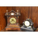 A VINTAGE WOODEN ARCHITECTURAL CASED MANTLE CLOCK TOGETHER WITH ANOTHER CLOCK (2)