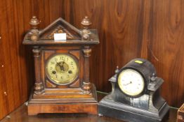 A VINTAGE WOODEN ARCHITECTURAL CASED MANTLE CLOCK TOGETHER WITH ANOTHER CLOCK (2)