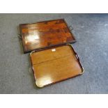 TWO EDWARDIAN WOODEN TRAYS - ONE HAVING INLAID MARQUETRY DETAIL