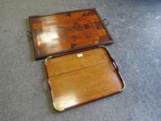 TWO EDWARDIAN WOODEN TRAYS - ONE HAVING INLAID MARQUETRY DETAIL