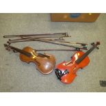 TWO VINTAGE VIOLINS TOGETHER WITH SIX VIOLIN BOWS A/F