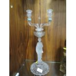 A FRENCH STYLE TWO BRANCH GLASS CANDELABRA WITH FROSTED CENTRAL FIGURAL COLUMN