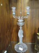 A FRENCH STYLE TWO BRANCH GLASS CANDELABRA WITH FROSTED CENTRAL FIGURAL COLUMN