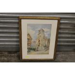 A FRAMED AND GLAZED WATERCOLOUR OF NUNS ON THE STEPS OUTSIDE A TOWN CHURCH - FOXED