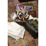 A SMALL SUITCASE OF MILITARIA BELTS, ROYAL NAVY CLOTHING, UNION FLAG ETC AND AN AMMO BOX