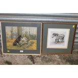 A FRAMED AND GLAZED PRINT OF A MARE AND FOAL TOGETHER WITH A FRAMED AND GLAZED PRINT OF A GAME