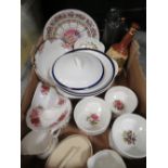 A TRAY OF ASSORTED CERAMICS TO INCLUDE A WADE BELL'S WHISKY DECANTER ETC