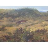 A FRAMED AND GLAZED OIL ON BOARD OF A RUNNING FOX IN HEATH LAND, SIGNED LOWER LEFT SYLVESTER MARTIN