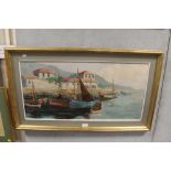 A LARGE FRAMED OIL ON CANVAS OF AN ITALIAN STYLE BOATS IN HARBOUR SCENE INDISTINCTLY SIGNED LOWER