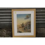 A FRAMED AND GLAZED WATERCOLOUR OF AN EAST AFRICAN VILLAGE SCENE - INITIALLED LOWER LEFT FG