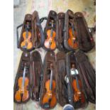 SIX ASSORTED VIOLINS IN BROWN CARRY CASES