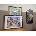 A DECO STYLE HANGING MIRROR AND TWO PRINTS (3)