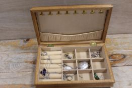 A JEWELLERY BOX CONTAINING A LARGE HALLMARKED SILVER LOCKET, CHAINS, RINGS ETC