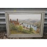 A SMALL FRAMED ON BOARD AF A HILLSIDE BRIDGE OVER A RIVER SIGNED LOWER LEFT H R EVANS