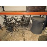 FIVE WROUGHT IRON FLOWER BASKETS ETC