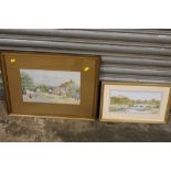 A GILT FRAMED AND GLAZED WATERCOLOUR OF SHEEP BEING DRIVEN THROUGH A VILLAGE SIGNED LOWER RIGHT W