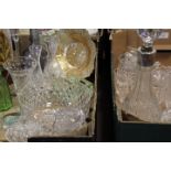 TWO TRAYS OF ASSORTED GLASSWARE TO INCLUDE DECANTERS VASES AND BOWLS ETC