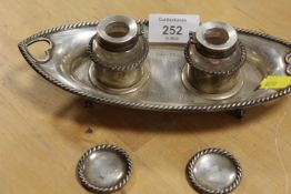 A HALLMARKED SILVER TWIN INKWELL DESK STAND - ENGRAVED BLAIR DRUMMOND A/F