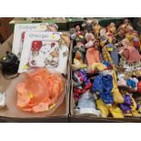 TWO TRAYS OF ASSORTED DOLL FIGURES ETC TO INCLUDE LANCOME PARIS TRESOR SILK STYLE PETALS IN A