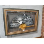 A FRAMED AND GLAZED ORIENTAL HAND PAINTED FAN, SIGNED LOWER LEFT