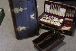 A SMALL BRASS MOUNTED CORNER CUPBOARD, CUTLERY TRAY AND A TRAY OF FLATWARE ETC