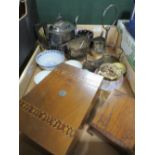 A TRAY OF ASSORTED SILVER PLATED WARE AND TREEN ETC TO INCLUDE AN INLAID BOX ETC