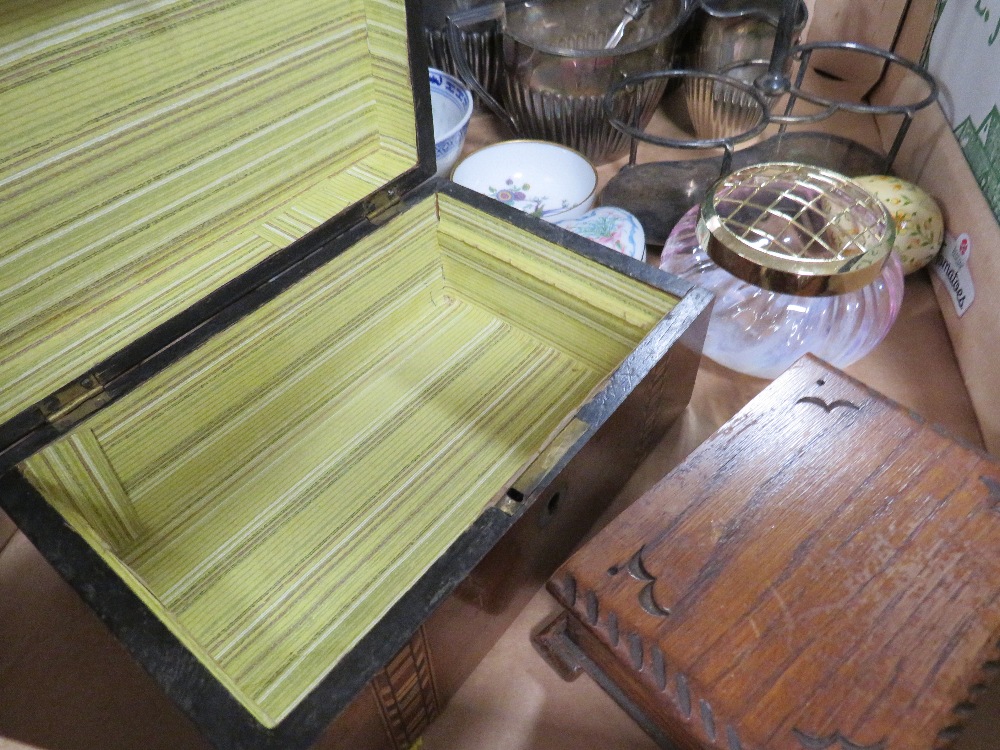 A TRAY OF ASSORTED SILVER PLATED WARE AND TREEN ETC TO INCLUDE AN INLAID BOX ETC - Image 2 of 3