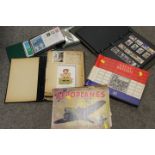 A TRAY OF STAMP ALBUMS, FIRST DAY COVERS, OLD PHOTOGRAPHS ETC