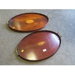 TWO BRASS HANDLED INLAID WOODEN SERVING TRAYS