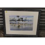 A FRAMED AND GLAZED WATERCOLOUR OF A DESSERT WATERING HOLE BY TREVOUR WAUGH ENTITLED REFLECTIONS