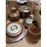 A TRAY OF SUNDRIES TO INCLUDE A SMALL COOPERED BARREL JUG, BAROMETERS, COPPER KETTLE ETC