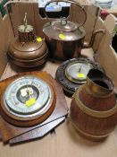 A TRAY OF SUNDRIES TO INCLUDE A SMALL COOPERED BARREL JUG, BAROMETERS, COPPER KETTLE ETC