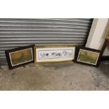 A LARGE LANDSCAPE LIMITED EDITION GILT FRAMED AND GLAZED HORSE RACING THEMED PRINT, TOGETHER WITH