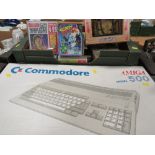 TWO TRAYS OF VINTAGE COMPUTER EQUIPMENT AND GAMES TO INCLUDE A BOXED AMIGA COMMODORE 500 (UNCHECKED)
