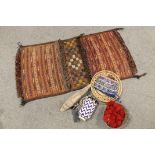 AFGHAN TEXTILE HORSE SADDLE BAG, VARIOUS OTHER TRIBAL TEXTILES, BEADWORK ITEMS AND BASKETS