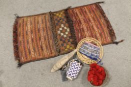 AFGHAN TEXTILE HORSE SADDLE BAG, VARIOUS OTHER TRIBAL TEXTILES, BEADWORK ITEMS AND BASKETS
